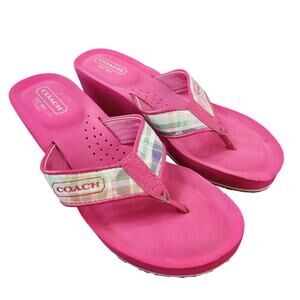 Coach Jaicee Poppy Beach Plaid Pink Wedge Flip Flop Sandals Size 6